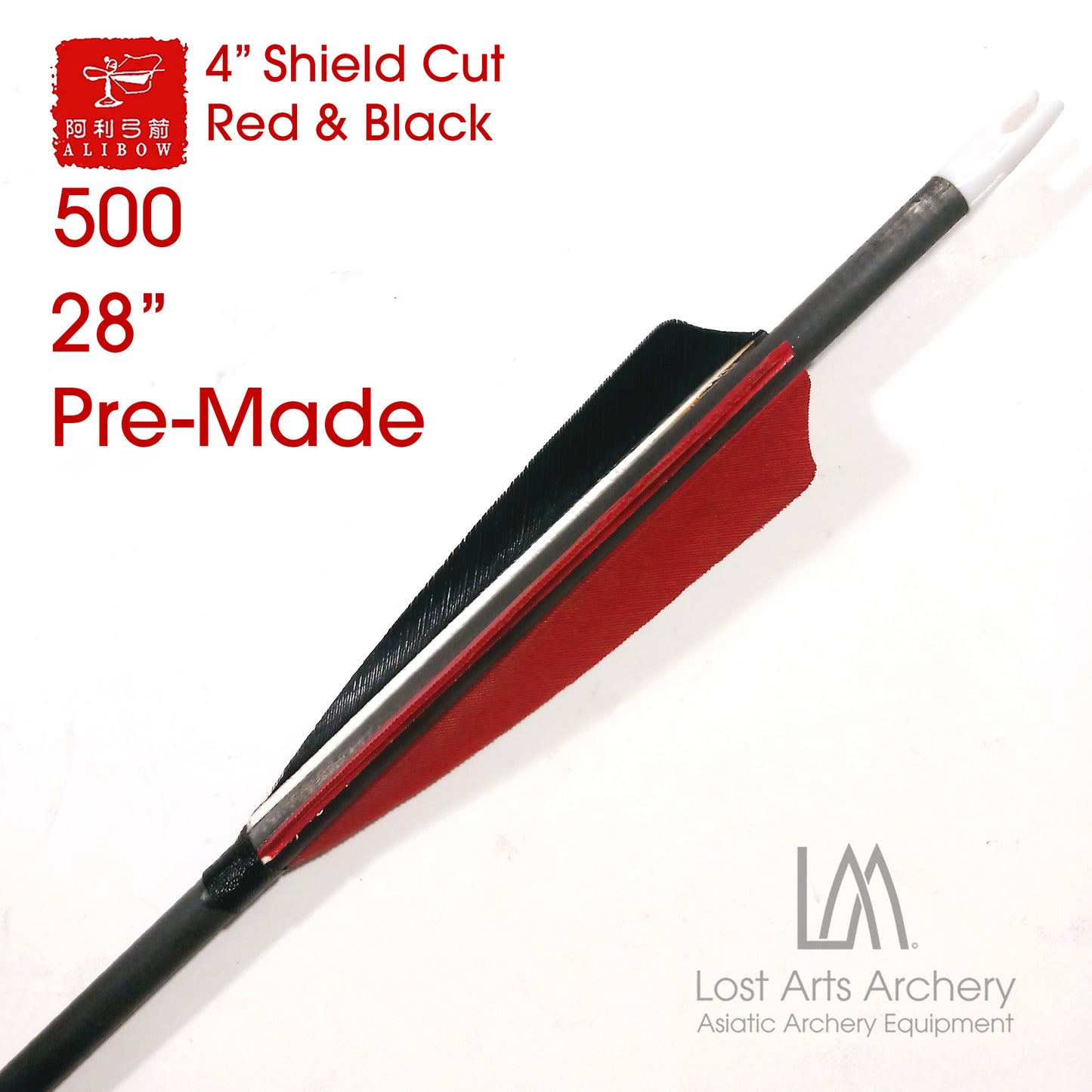 Ali Bow Pre-Made 28" Carbon Arrows 500 spine - Red and Black 4" Shield Cut