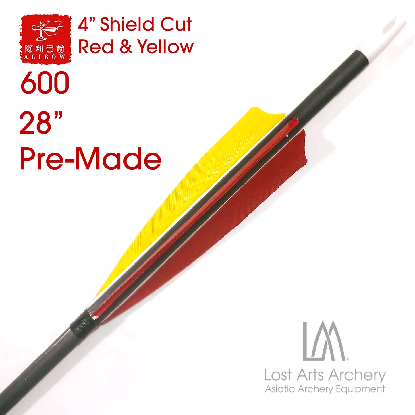 Ali Bow Pre-Made 28" Carbon Arrows 600 spine - Red and Yellow 4" Shield Cut