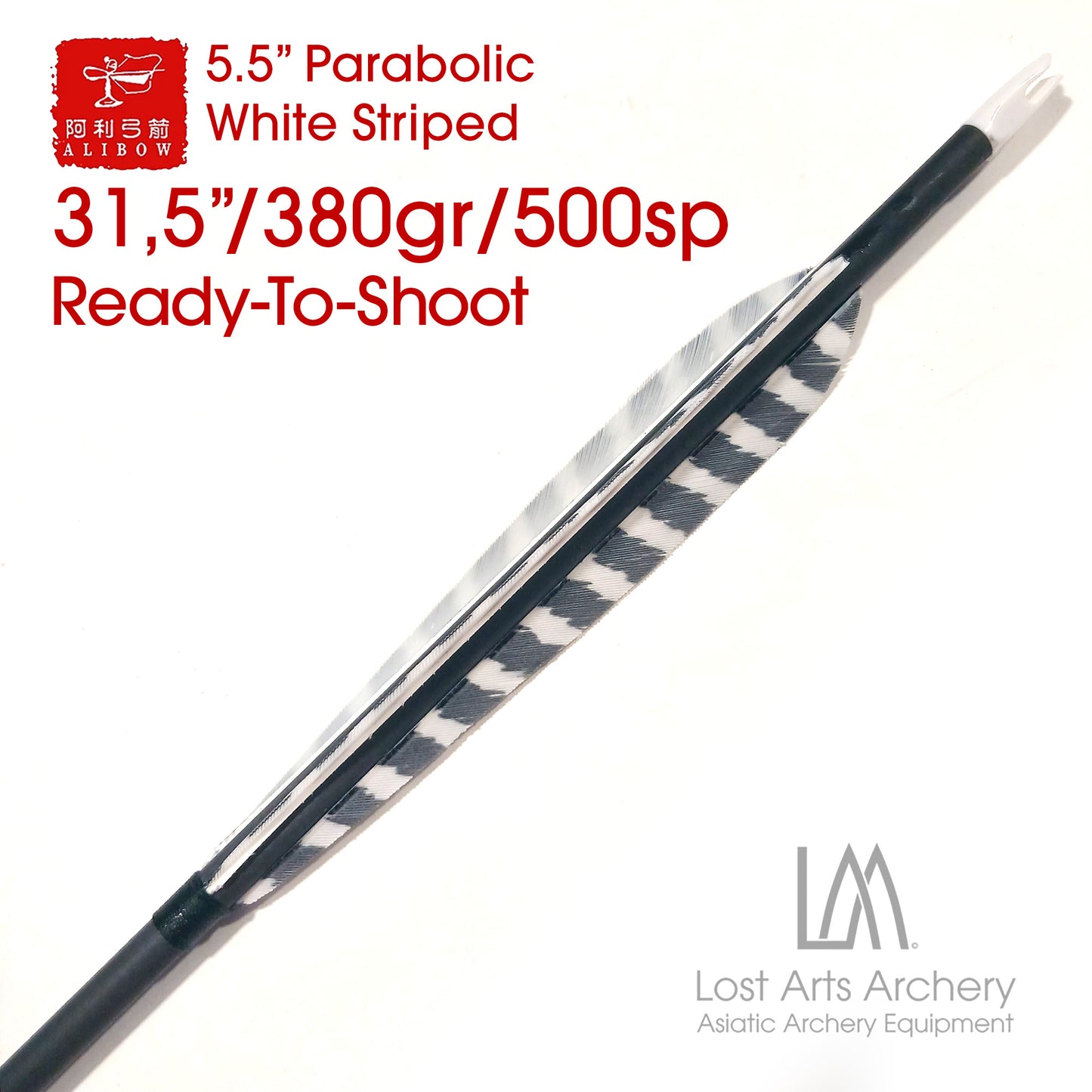 Ali Bow Pre-Made Carbon Arrows 500 spine - B&W Striped 5.5" Parabolic