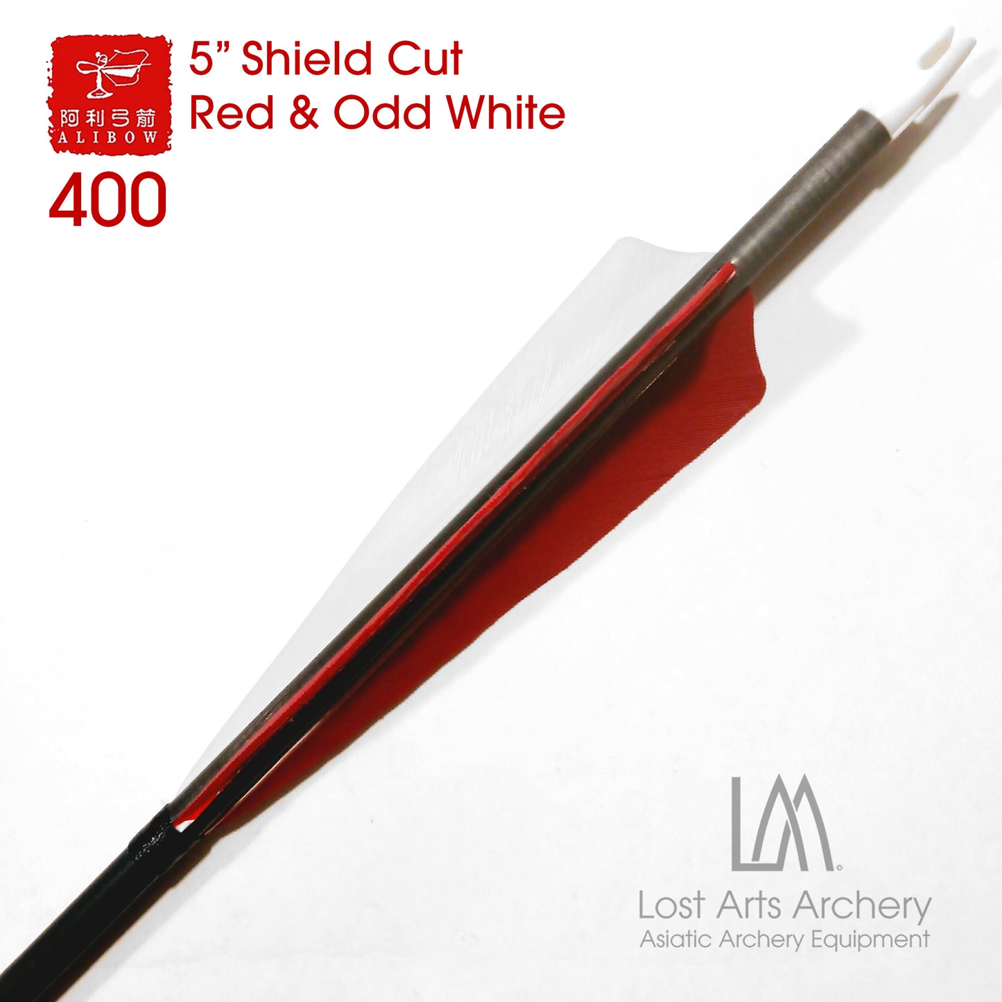 Ali Bow Carbon Arrows 400 spine - Red & Odd White 5" Shield Cut